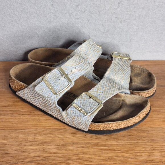 Birkenstock Shoes - Birkenstock Arizona Women’s 7 EU 38 Narrow Shiny Python Blue Gold Slide Sandals